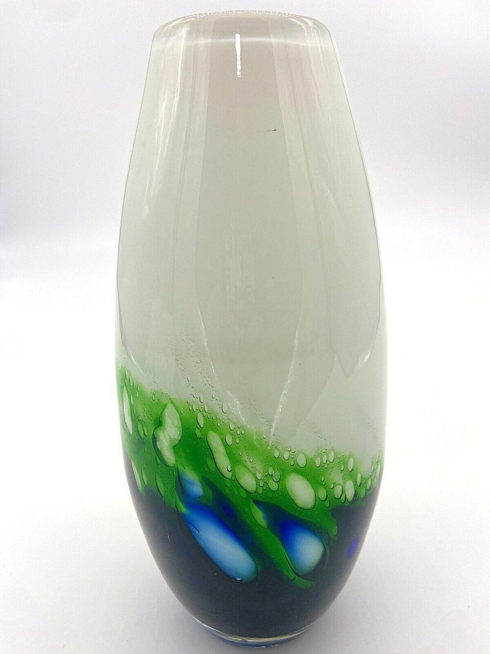 Vintage MCM 10.5" Lava Lamp Style Vase Opal Green Cobalt Blue Bubbles Art Glass